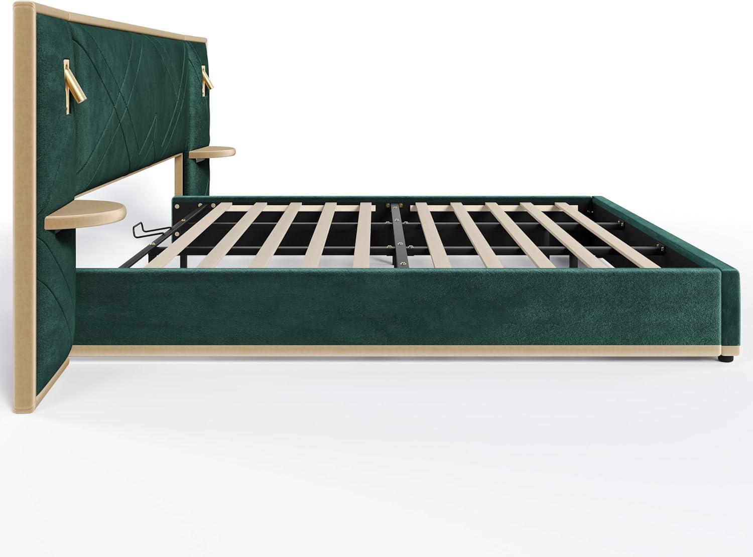 image:imageChristopher Knight Home Harley Upholstered King Size Bed Frame with LED Lights and Side Panels Velvet Bed Frame King Size with Headboard Wooden Slats Easy Assembly No Box Spring Needed BeigeGreen