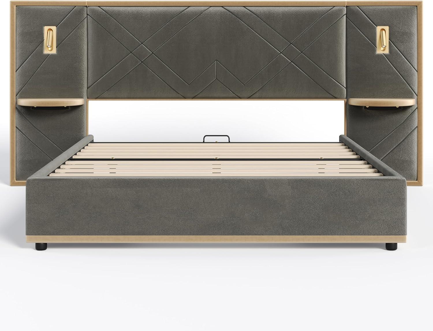 image:imageChristopher Knight Home Harley Upholstered King Size Bed Frame with LED Lights and Side Panels Velvet Bed Frame King Size with Headboard Wooden Slats Easy Assembly No Box Spring Needed BeigeGrey
