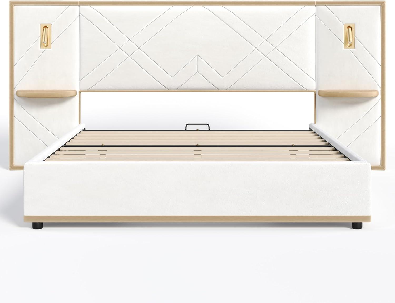 image:imageChristopher Knight Home Harley Upholstered King Size Bed Frame with LED Lights and Side Panels Velvet Bed Frame King Size with Headboard Wooden Slats Easy Assembly No Box Spring Needed BeigeBeige