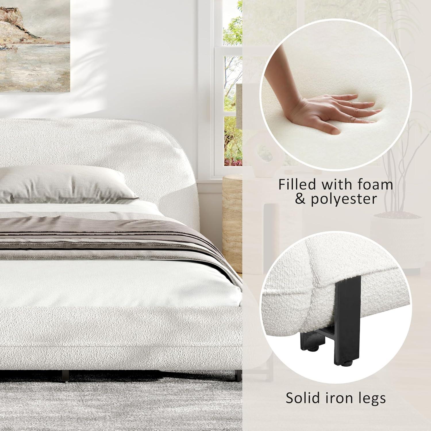 image:imageChristopher Knight Home Hazel Boucle King Size Bed Frame and Headboard Upholstered King Size Bed Round Curve Headboard Solid Wood and Steel Support No Box Spring Needed Easy Assembly WhiteKing