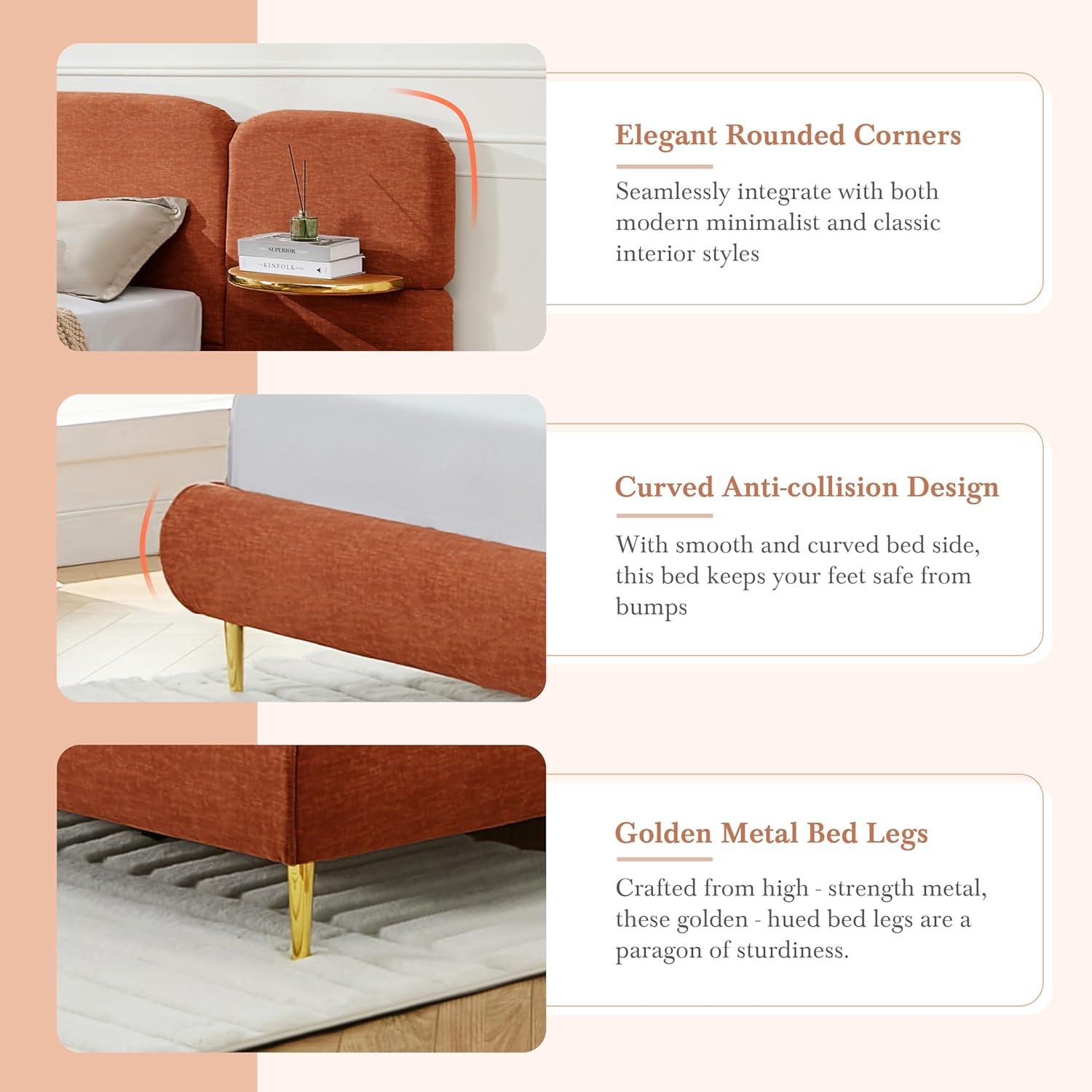 image:imageChristopher Knight Home Joplin Modern King Size Platform Bed Frame with Fabric Upholstered Headboard Wooden King Size Bed Frame with Side Shelves No Box Spring Needed Easy Assembly OrangeOrange