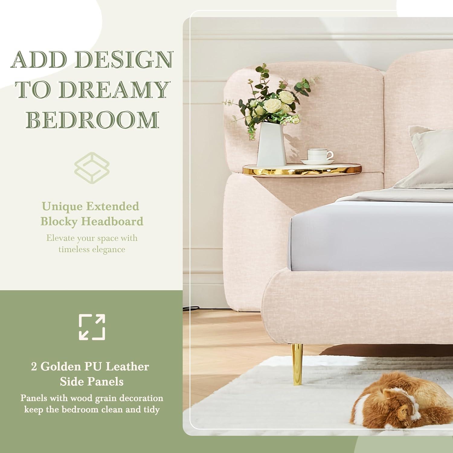 image:imageChristopher Knight Home Joplin Modern King Size Platform Bed Frame with Fabric Upholstered Headboard Wooden King Size Bed Frame with Side Shelves No Box Spring Needed Easy Assembly OrangeBeige