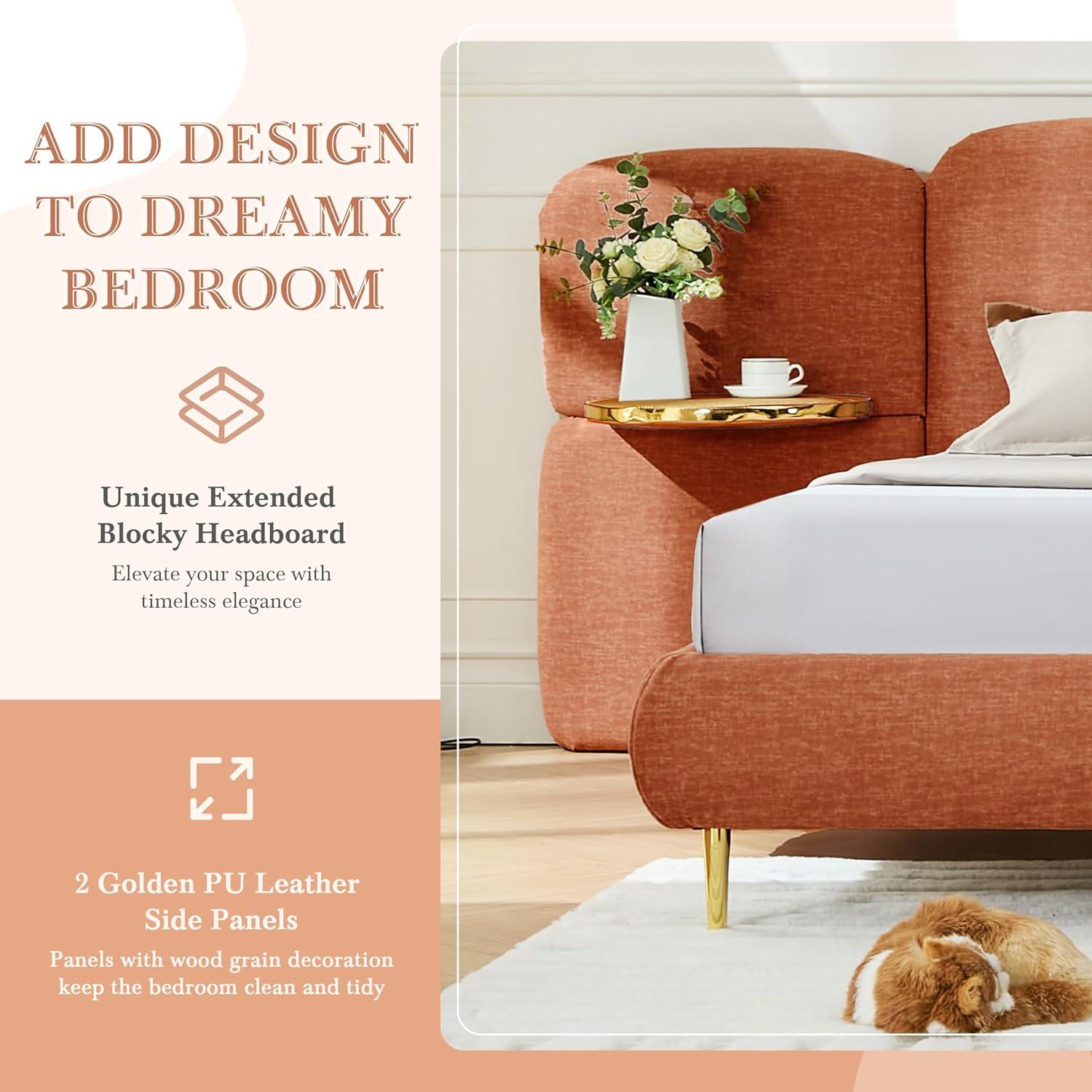 image:imageChristopher Knight Home Joplin Modern King Size Platform Bed Frame with Fabric Upholstered Headboard Wooden King Size Bed Frame with Side Shelves No Box Spring Needed Easy Assembly OrangeOrange