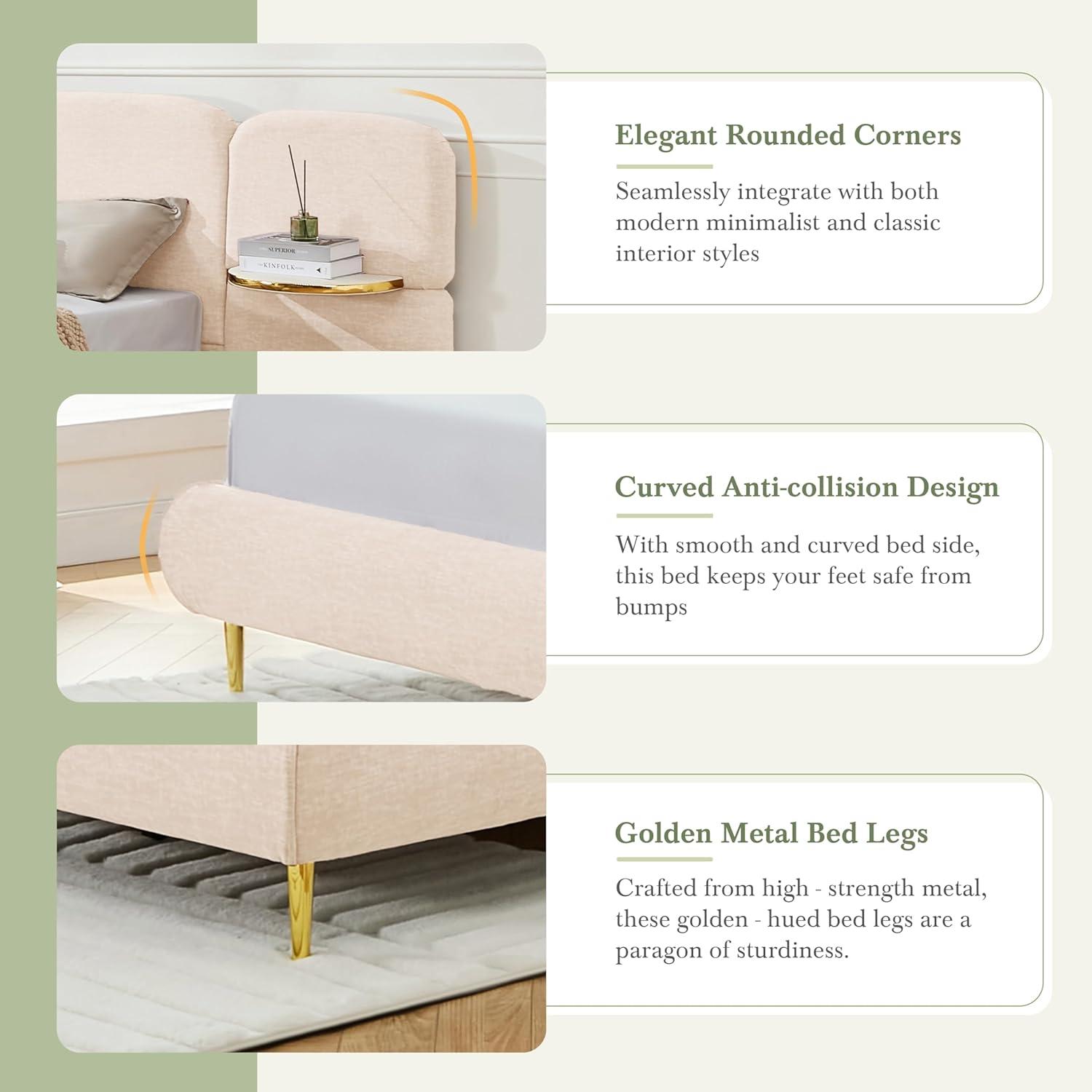 image:imageChristopher Knight Home Joplin Modern King Size Platform Bed Frame with Fabric Upholstered Headboard Wooden King Size Bed Frame with Side Shelves No Box Spring Needed Easy Assembly OrangeBeige