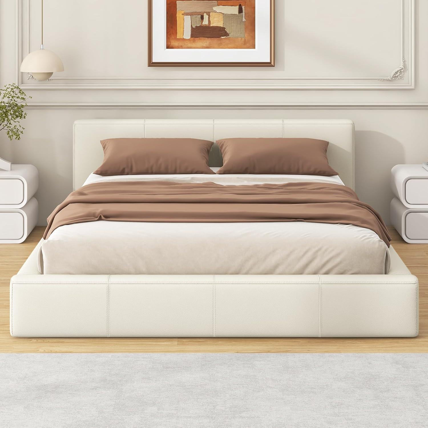 image:imageChristopher Knight Home Nahat Full Size Upholstered Platform Bed Faux Leather Bed Frame and Headboard Wood Bed Support and Slat Stylish Fully Mattress Foundation No Box Spring Needed Beige