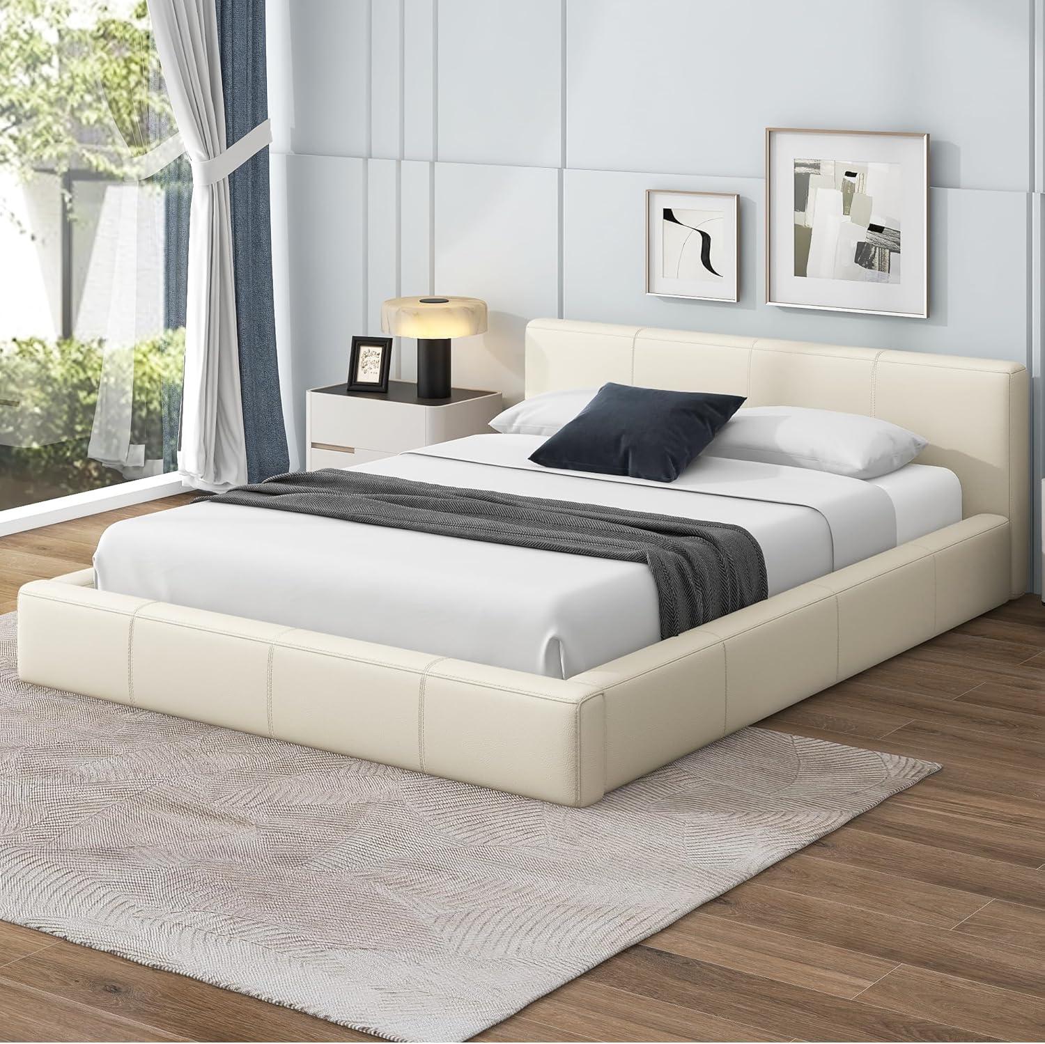 image:imageChristopher Knight Home Nahat Full Size Upholstered Platform Bed Faux Leather Bed Frame and Headboard Wood Bed Support and Slat Stylish Fully Mattress Foundation No Box Spring Needed Beige