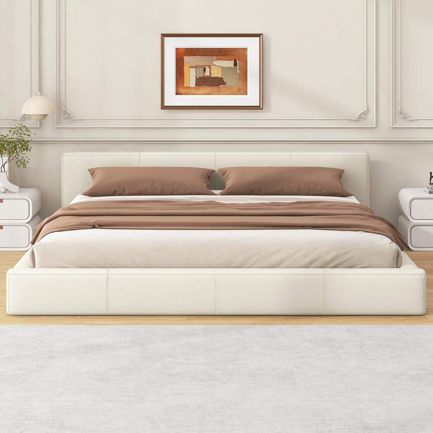 image:imageChristopher Knight Home Nahat Queen Size Upholstered Platform Bed Faux Leather Bed Frame and Headboard Wood Bed Support and Slat Stylish Fully Mattress Foundation No Box Spring Needed BeigeBeige