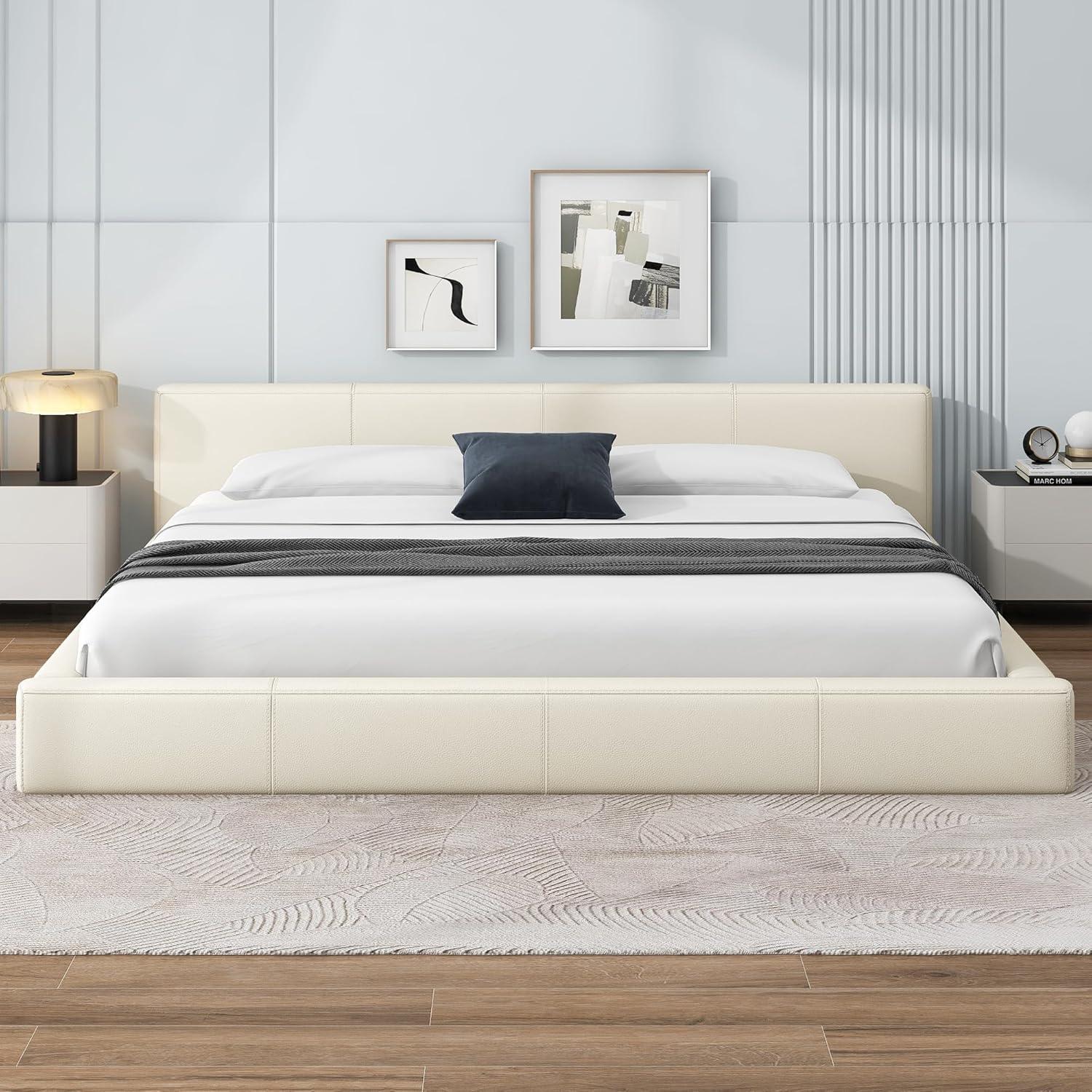image:imageChristopher Knight Home Nahat Queen Size Upholstered Platform Bed Faux Leather Bed Frame and Headboard Wood Bed Support and Slat Stylish Fully Mattress Foundation No Box Spring Needed BeigeBeige