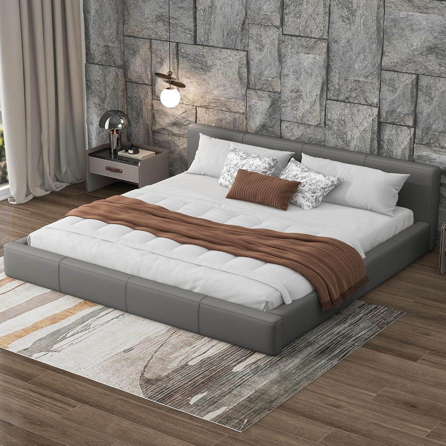 image:imageChristopher Knight Home Nahat Queen Size Upholstered Platform Bed Faux Leather Bed Frame and Headboard Wood Bed Support and Slat Stylish Fully Mattress Foundation No Box Spring Needed BeigeGrey