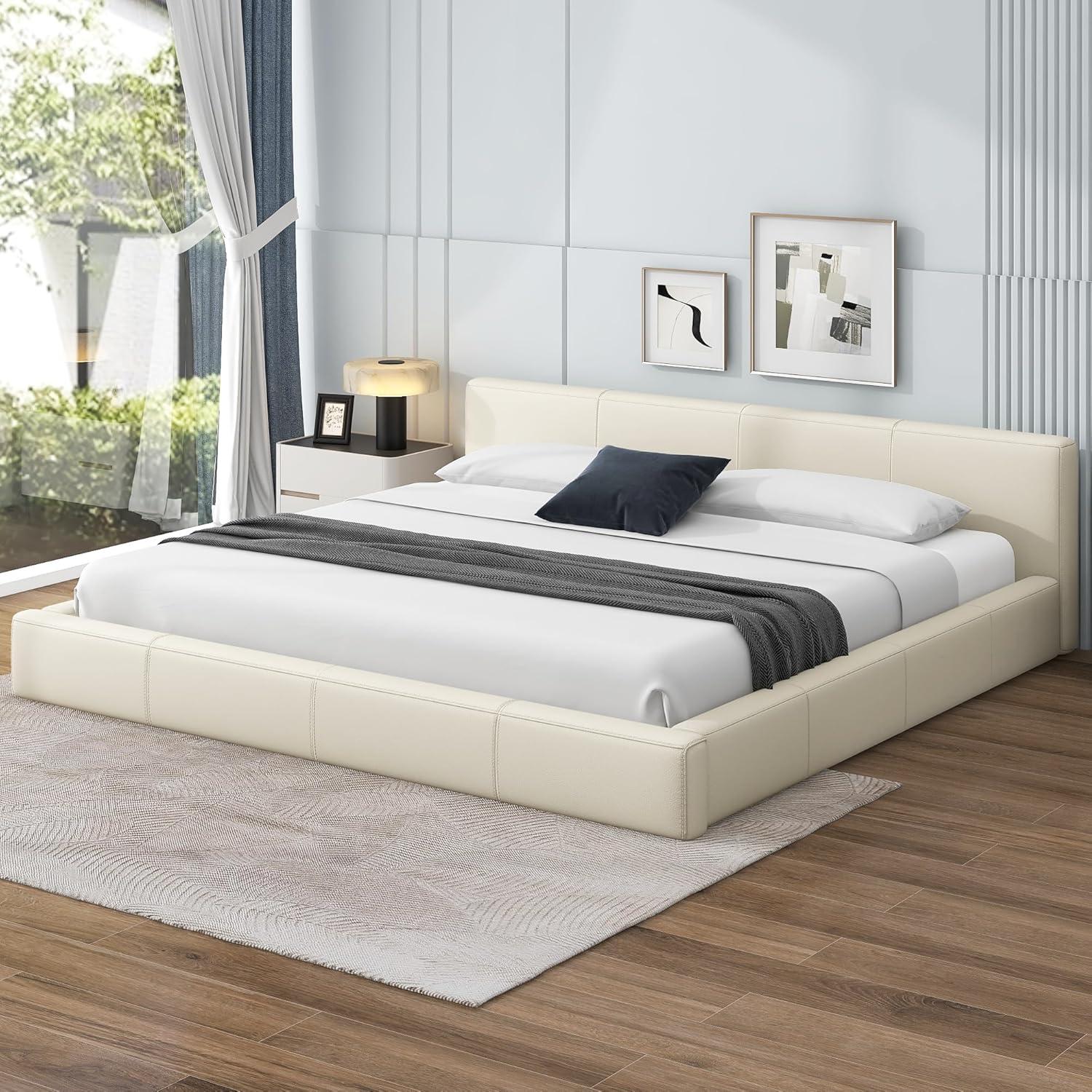image:imageChristopher Knight Home Nahat Queen Size Upholstered Platform Bed Faux Leather Bed Frame and Headboard Wood Bed Support and Slat Stylish Fully Mattress Foundation No Box Spring Needed BeigeBeige