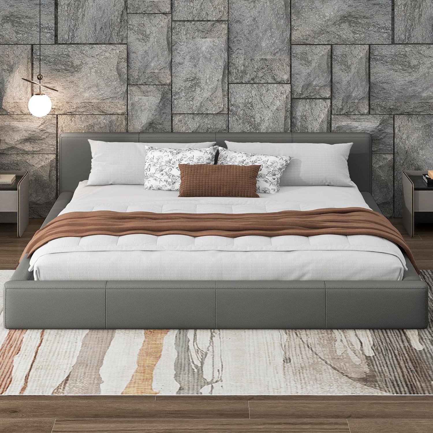 image:imageChristopher Knight Home Nahat Queen Size Upholstered Platform Bed Faux Leather Bed Frame and Headboard Wood Bed Support and Slat Stylish Fully Mattress Foundation No Box Spring Needed BeigeGrey