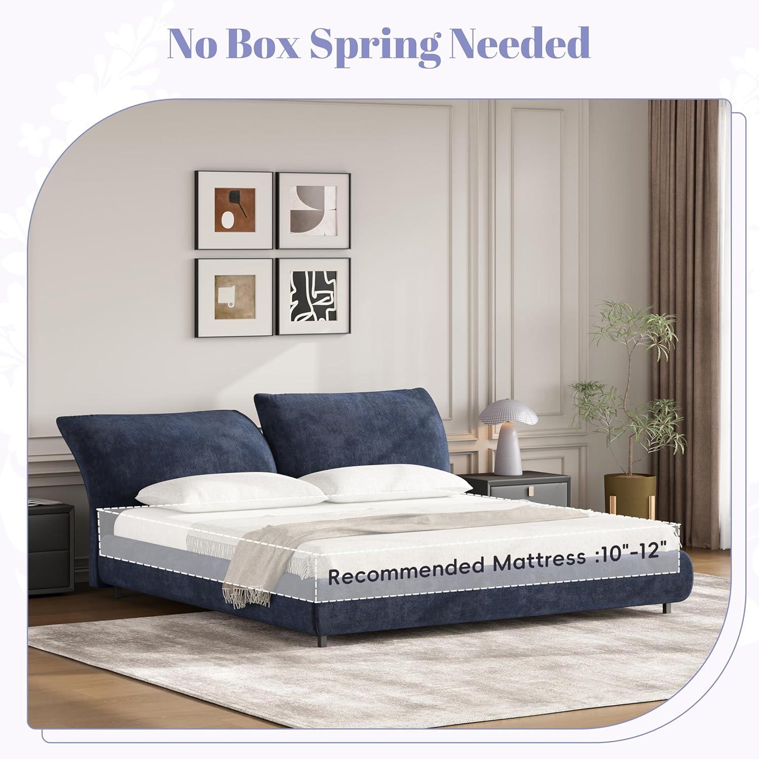 image:imageChristopher Knight Home Olimo Upholstered King Bed Soft Fabric King Headboard and Bed Frame Two Large Adjustable Pillows Slats Panel Support No Spring Box Needed Easy Assembly 800lbs BeigeDark Blue