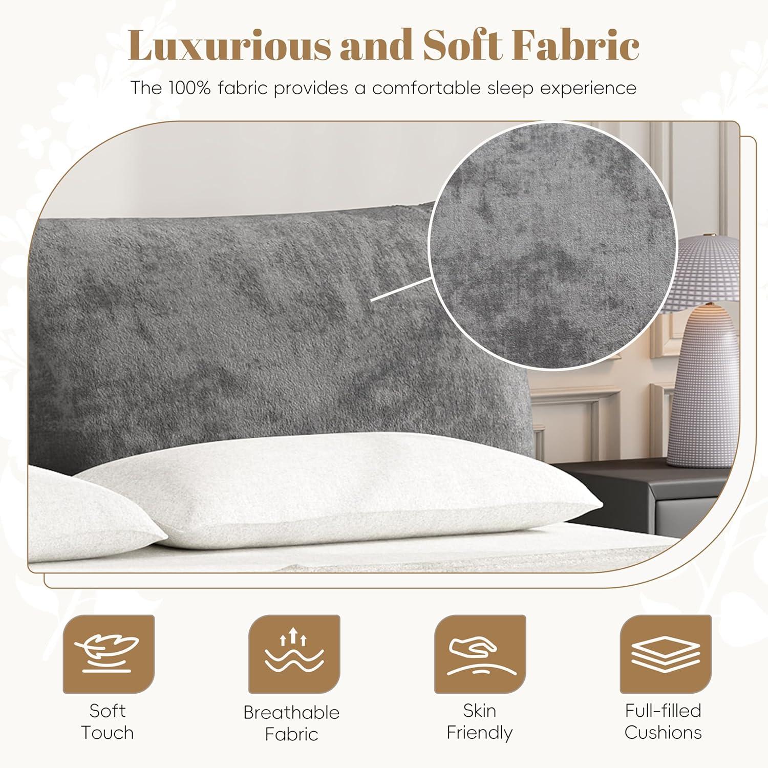 image:imageChristopher Knight Home Olimo Upholstered King Bed Soft Fabric King Headboard and Bed Frame Two Large Adjustable Pillows Slats Panel Support No Spring Box Needed Easy Assembly 800lbs BeigeGrey