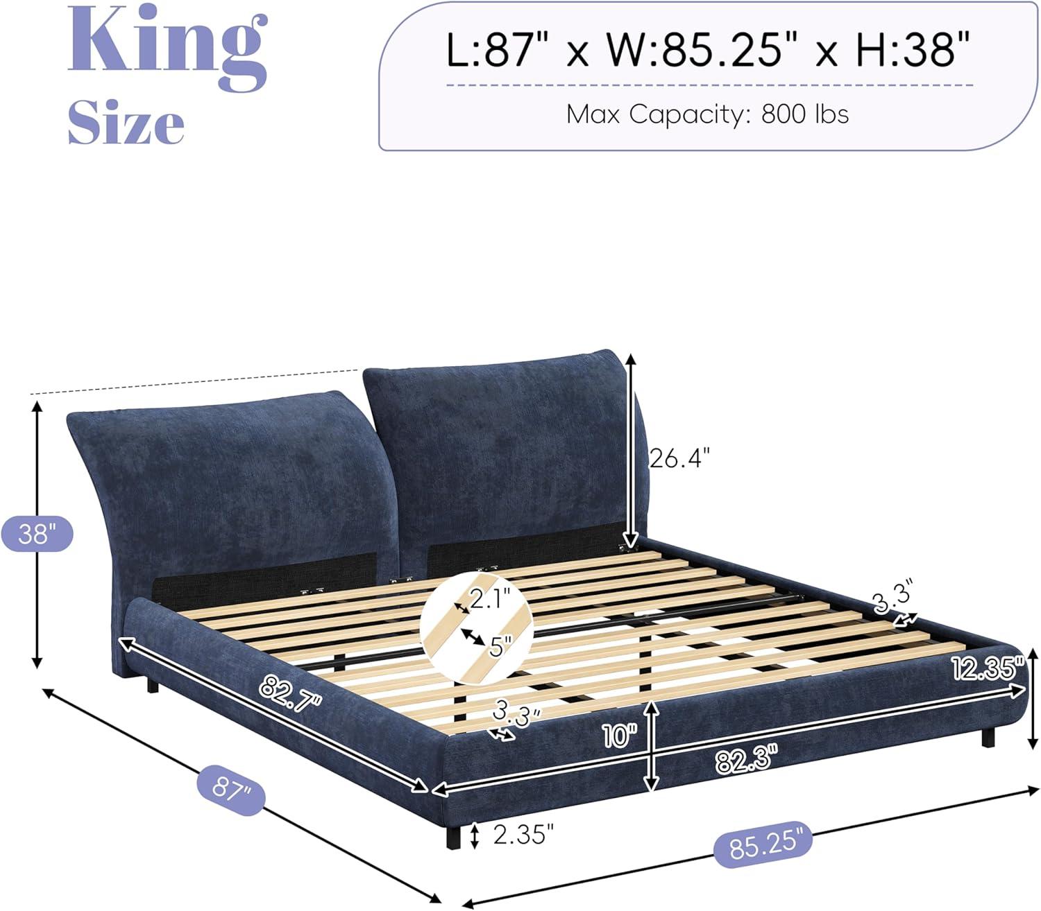 image:imageChristopher Knight Home Olimo Upholstered King Bed Soft Fabric King Headboard and Bed Frame Two Large Adjustable Pillows Slats Panel Support No Spring Box Needed Easy Assembly 800lbs BeigeDark Blue