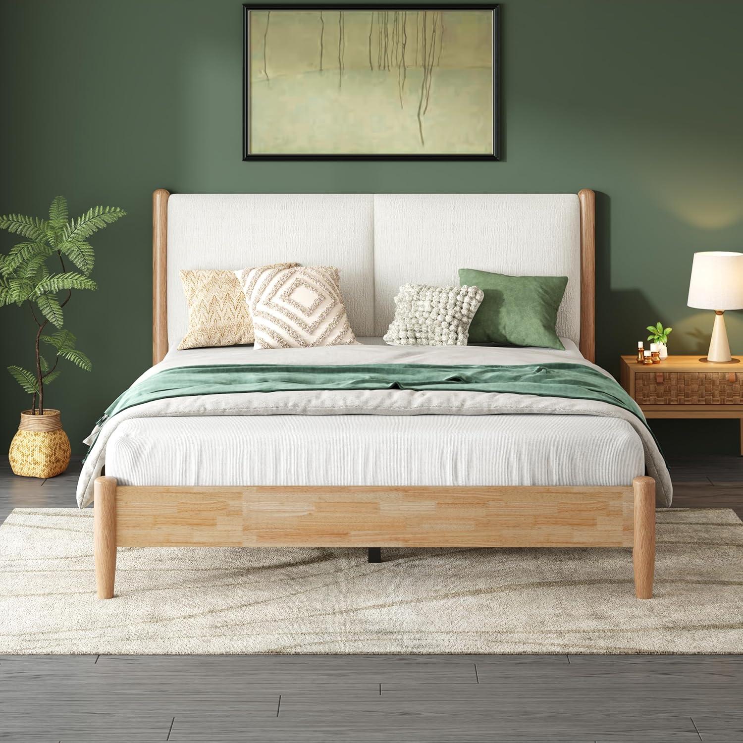 image:imageChristopher Knight Home Raven Modern Queen Size Bed Frame with Upholstered Headboard Natural Wood Queen Size Platform Bed Frame and Headboard No Box Spring Needed Easy Assembly WhiteNaturalQueen US Standard