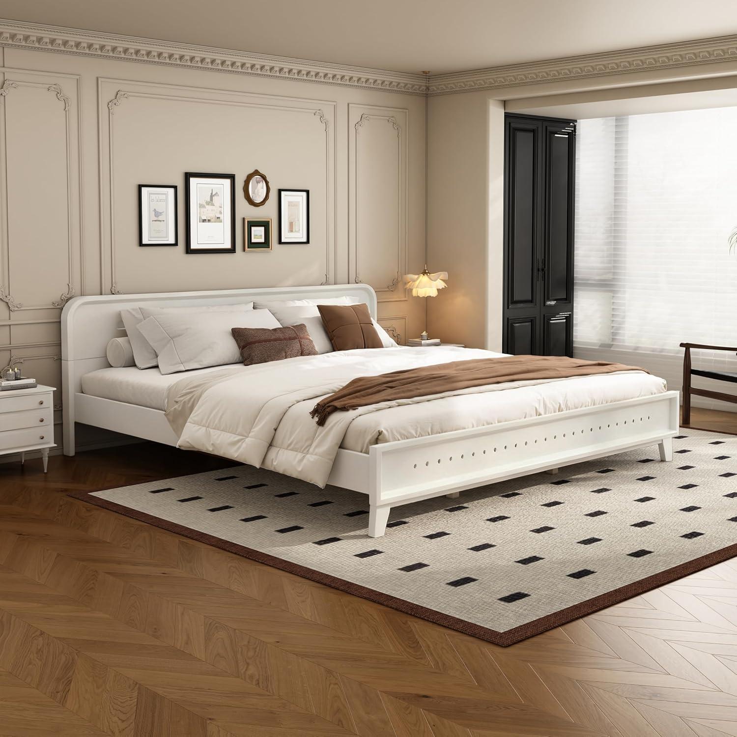 image:imageChristopher Knight Home Skyles King Size Bed King Size Platform Bed Pind Wood Headboard and Footboard Wooden Headboard No Box Spring Needed Slats Panel Support Rustic Openwork Design NaturalWhite