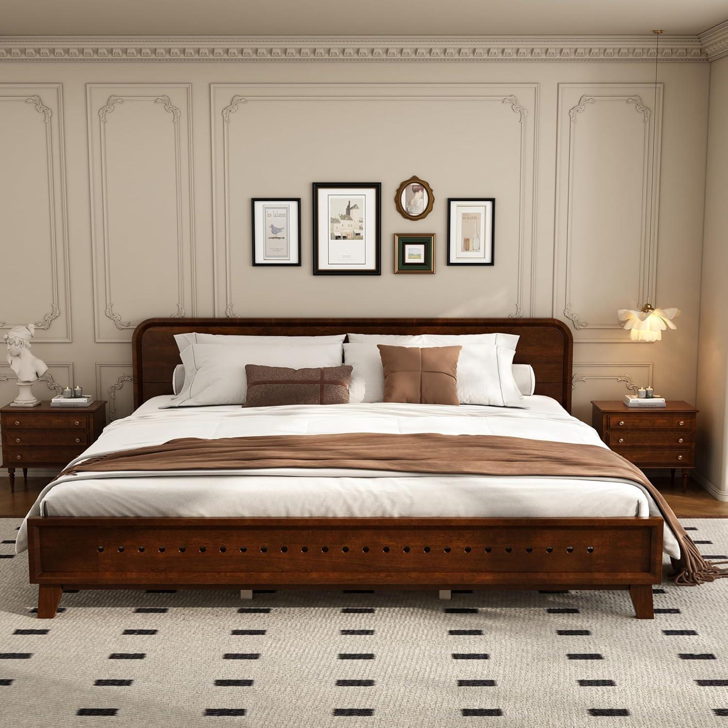 image:imageChristopher Knight Home Skyles King Size Bed King Size Platform Bed Pind Wood Headboard and Footboard Wooden Headboard No Box Spring Needed Slats Panel Support Rustic Openwork Design NaturalWalnut
