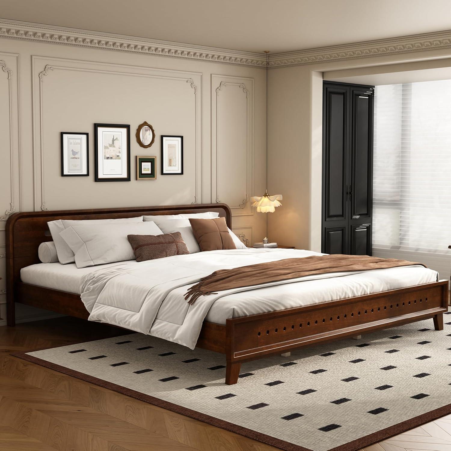 image:imageChristopher Knight Home Skyles King Size Bed King Size Platform Bed Pind Wood Headboard and Footboard Wooden Headboard No Box Spring Needed Slats Panel Support Rustic Openwork Design NaturalWalnut