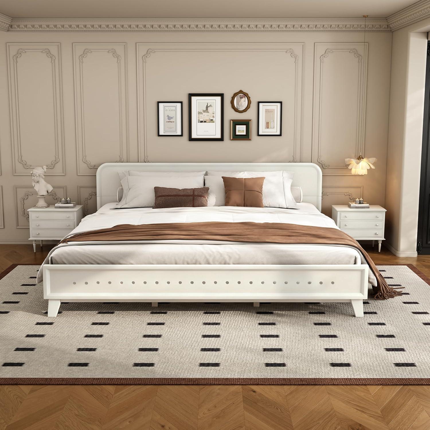 image:imageChristopher Knight Home Skyles King Size Bed King Size Platform Bed Pind Wood Headboard and Footboard Wooden Headboard No Box Spring Needed Slats Panel Support Rustic Openwork Design NaturalWhite