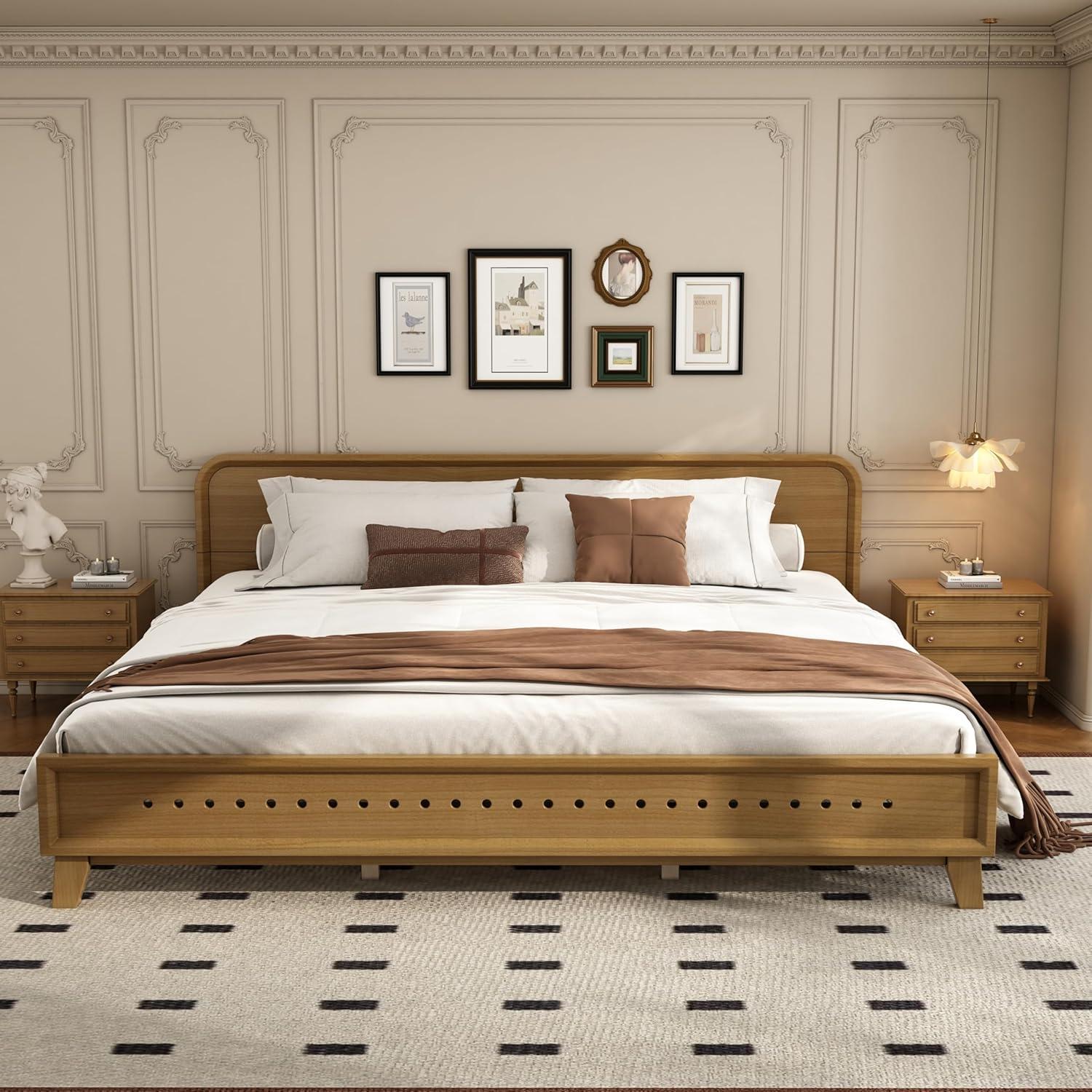 image:imageChristopher Knight Home Skyles King Size Bed King Size Platform Bed Pind Wood Headboard and Footboard Wooden Headboard No Box Spring Needed Slats Panel Support Rustic Openwork Design NaturalNatural