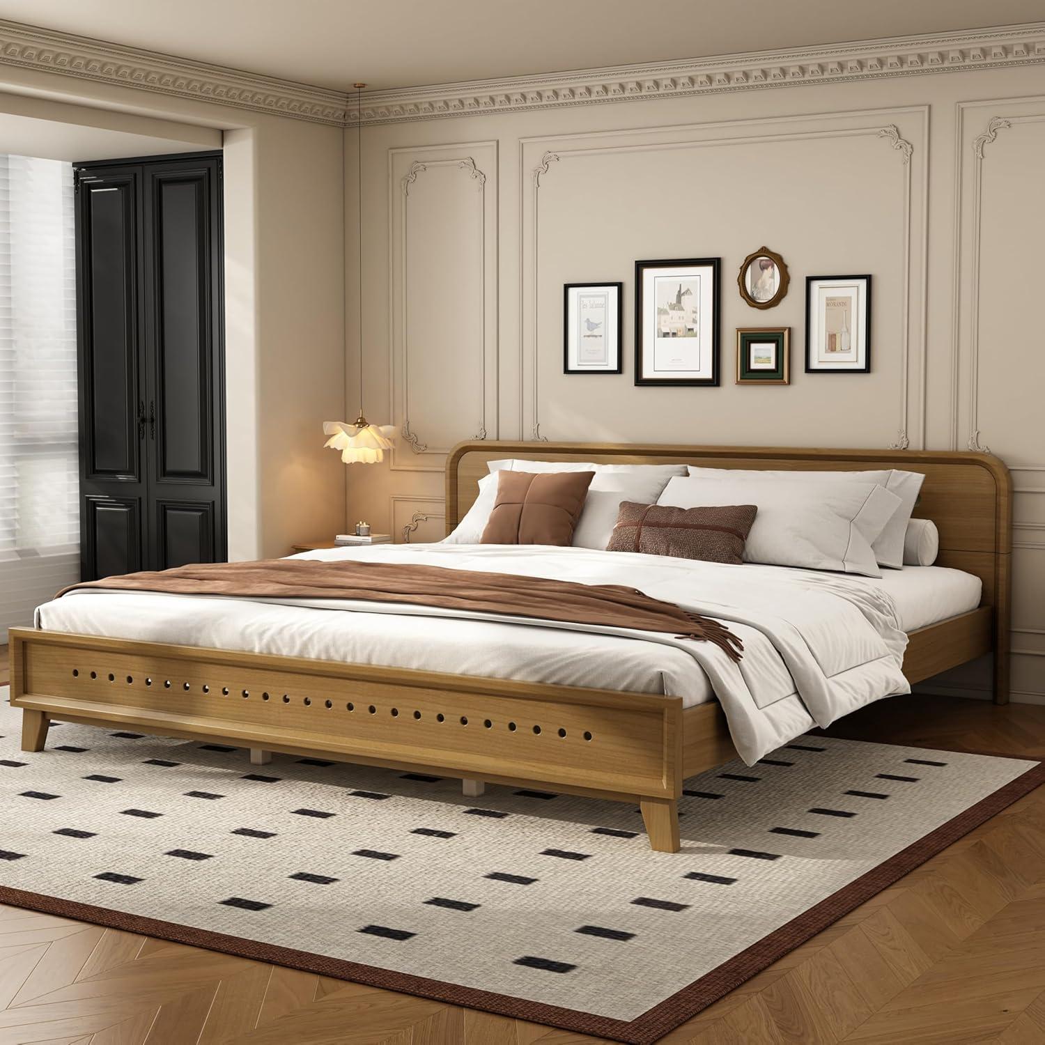 image:imageChristopher Knight Home Skyles King Size Bed King Size Platform Bed Pind Wood Headboard and Footboard Wooden Headboard No Box Spring Needed Slats Panel Support Rustic Openwork Design NaturalNatural