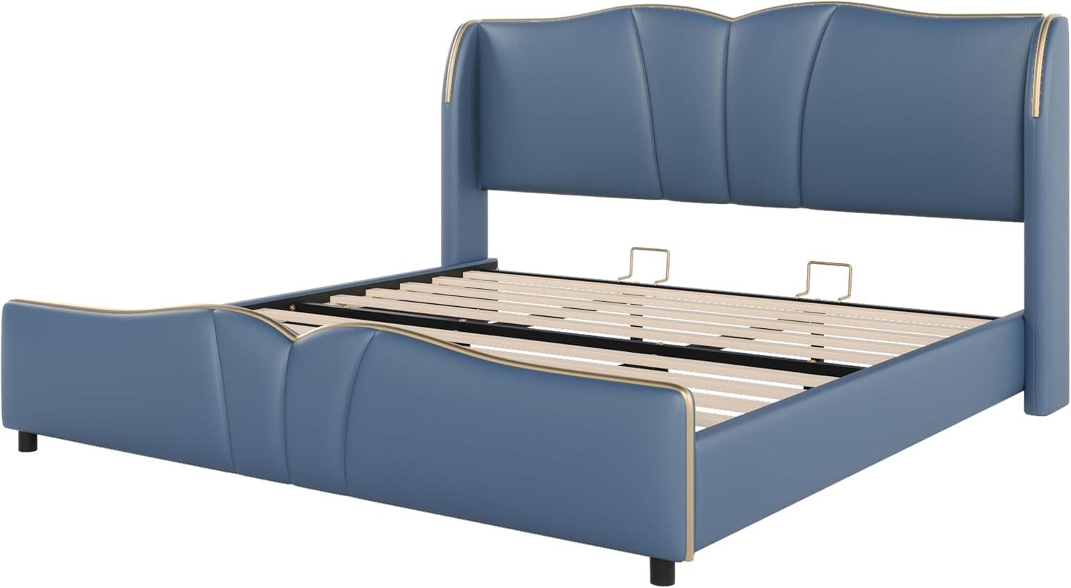 image:imageChristopher Knight Home Svanta King Size Upholstered Bed Frame Modern Faux Leather Bed Frame with Wingback Headboard Upholstered Platform Bed with Wavy Footboard No Spring Box Needed Antique BlueAntique Blue
