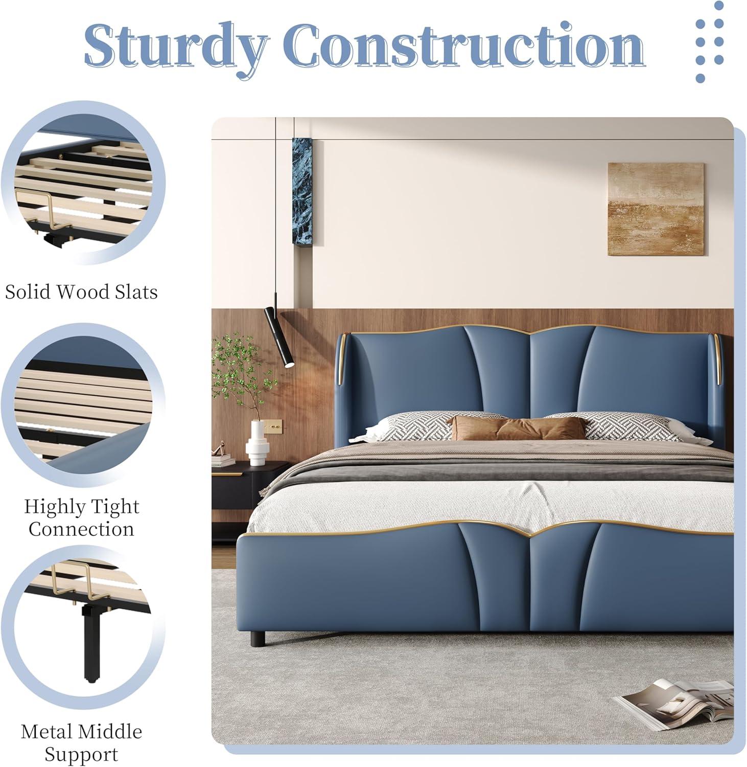 image:imageChristopher Knight Home Svanta King Size Upholstered Bed Frame Modern Faux Leather Bed Frame with Wingback Headboard Upholstered Platform Bed with Wavy Footboard No Spring Box Needed Antique BlueAntique Blue
