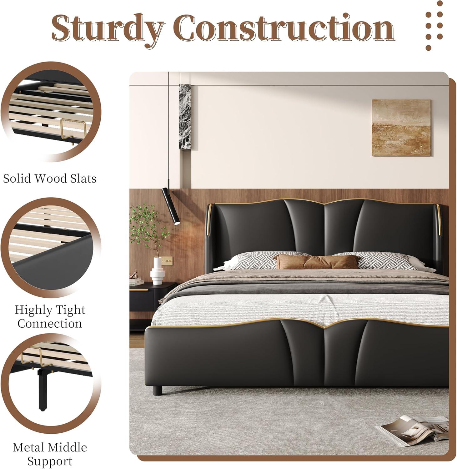image:imageChristopher Knight Home Svanta King Size Upholstered Bed Frame Modern Faux Leather Bed Frame with Wingback Headboard Upholstered Platform Bed with Wavy Footboard No Spring Box Needed Antique BlueBlack
