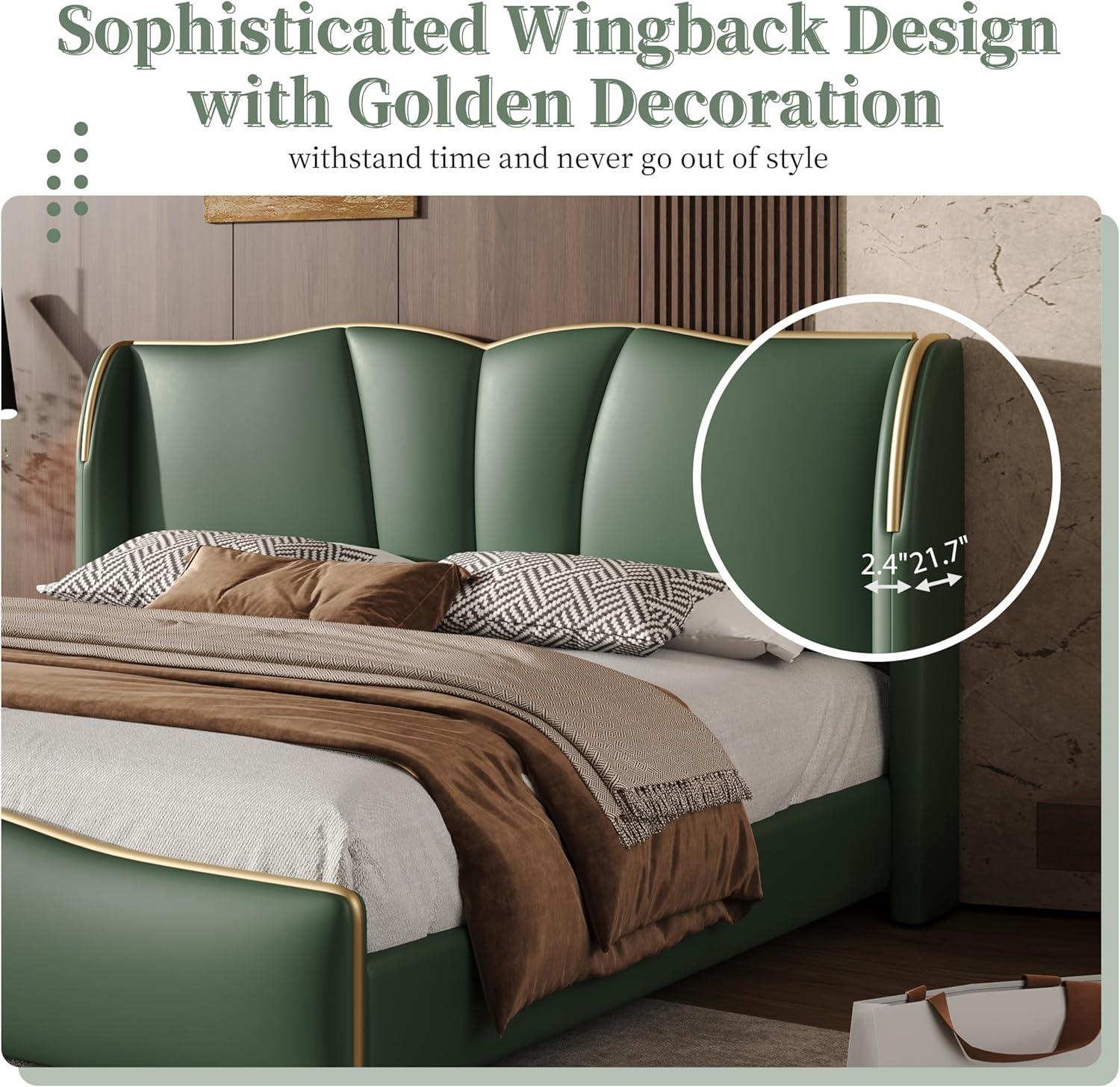 image:imageChristopher Knight Home Svanta King Size Upholstered Bed Frame Modern Faux Leather Bed Frame with Wingback Headboard Upholstered Platform Bed with Wavy Footboard No Spring Box Needed Antique BlueDark Green