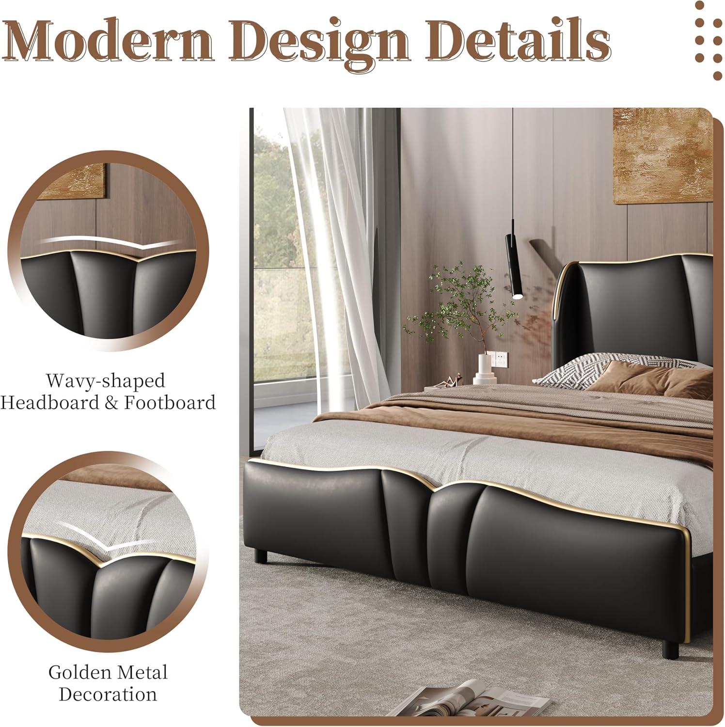 image:imageChristopher Knight Home Svanta King Size Upholstered Bed Frame Modern Faux Leather Bed Frame with Wingback Headboard Upholstered Platform Bed with Wavy Footboard No Spring Box Needed Antique BlueBlack