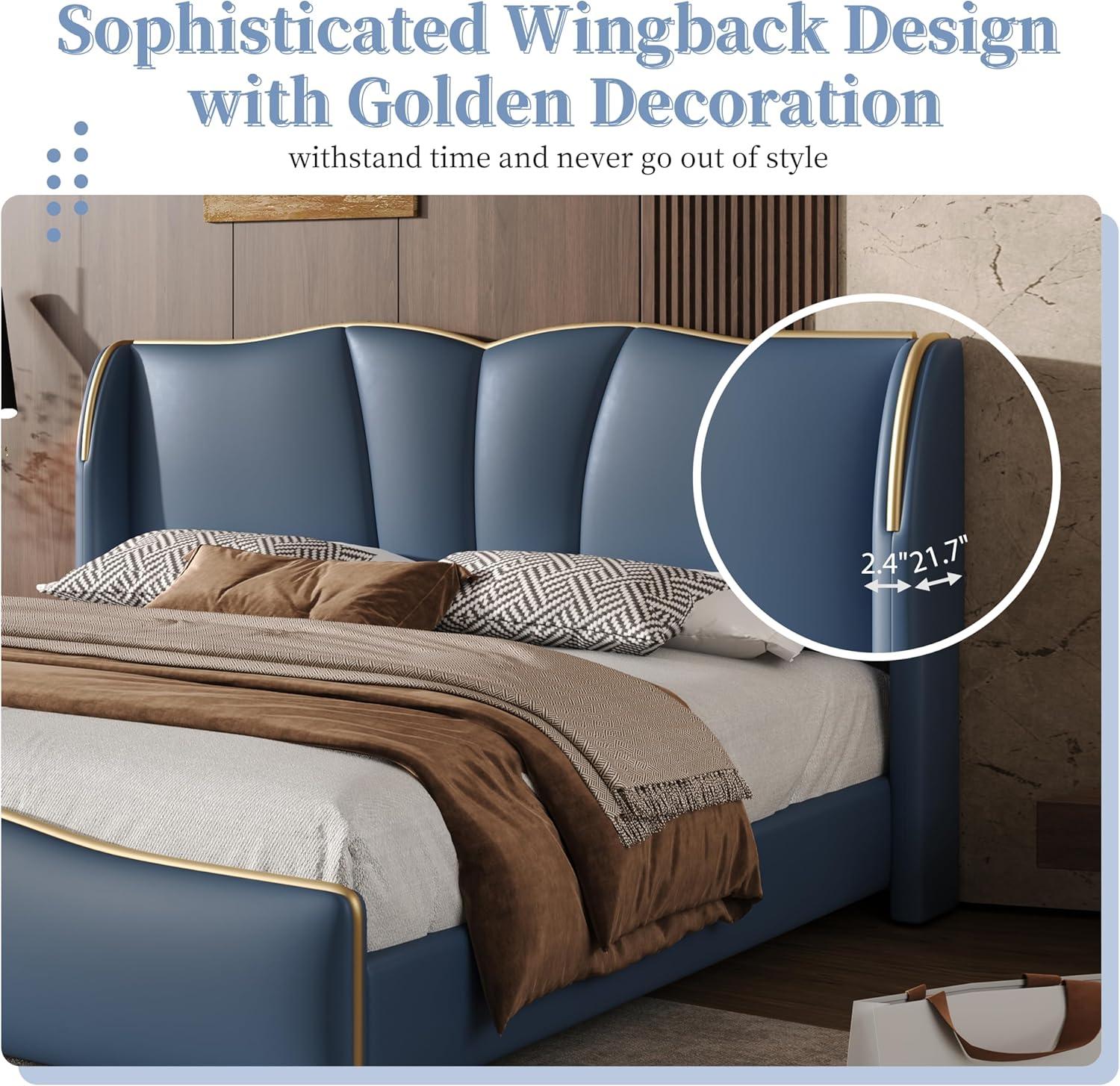 image:imageChristopher Knight Home Svanta King Size Upholstered Bed Frame Modern Faux Leather Bed Frame with Wingback Headboard Upholstered Platform Bed with Wavy Footboard No Spring Box Needed Antique BlueAntique Blue