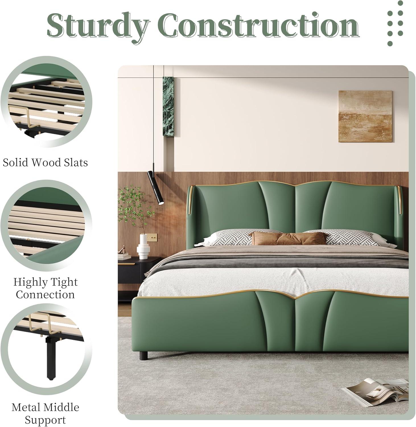 image:imageChristopher Knight Home Svanta King Size Upholstered Bed Frame Modern Faux Leather Bed Frame with Wingback Headboard Upholstered Platform Bed with Wavy Footboard No Spring Box Needed Antique BlueDark Green