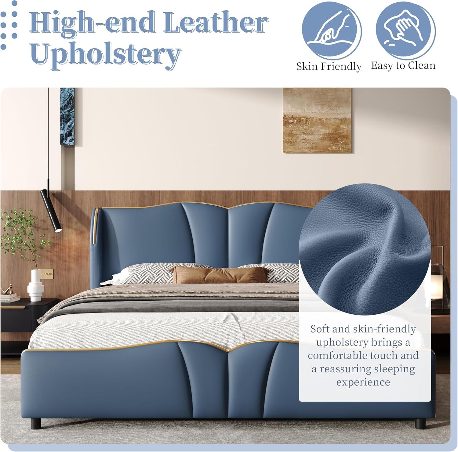 image:imageChristopher Knight Home Svanta King Size Upholstered Bed Frame Modern Faux Leather Bed Frame with Wingback Headboard Upholstered Platform Bed with Wavy Footboard No Spring Box Needed Antique BlueAntique Blue