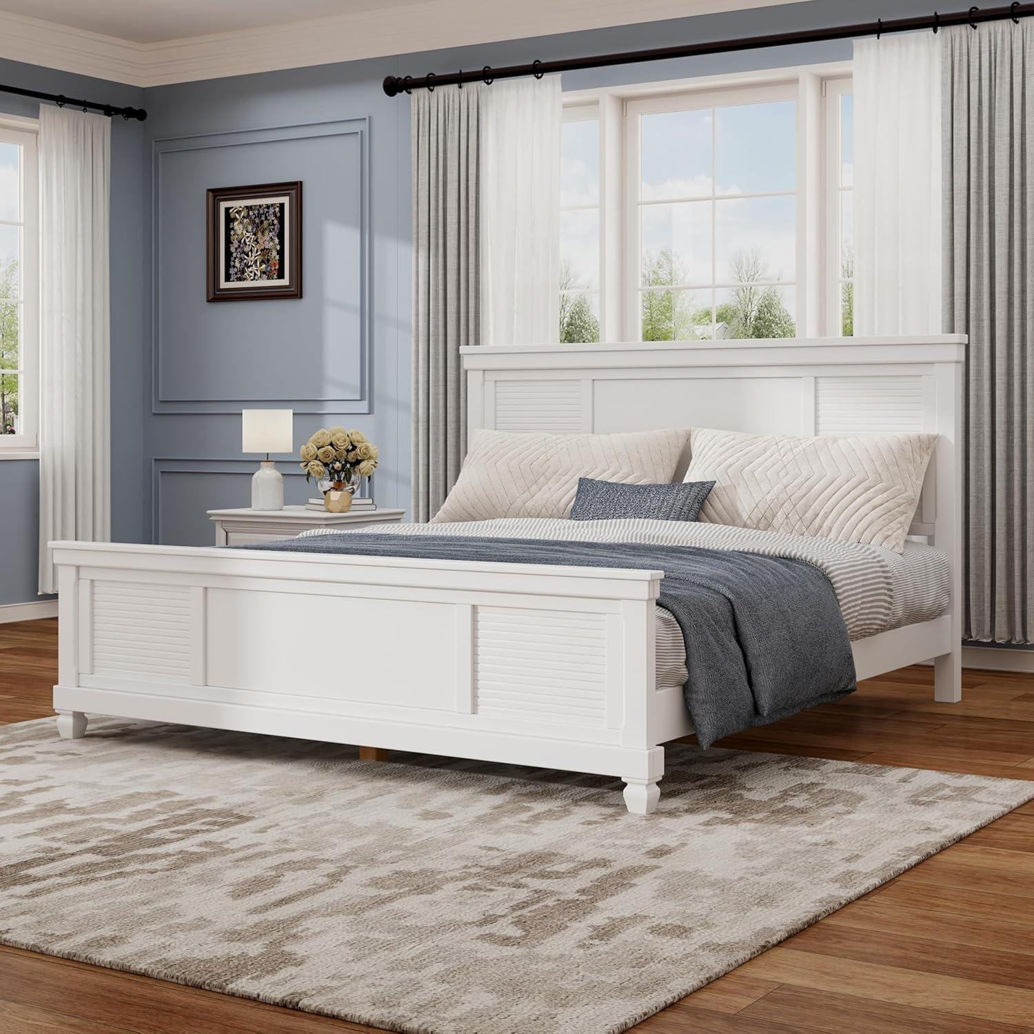 image:imageChristopher Knight Home Todie Modern Queen Size Bed Frame with Headboard Wooden Queen Size Platform Bed Frame Farmhouse Queen Size Bed Set No Box Spring Needed Easy Assembly WhiteQueen US Standard