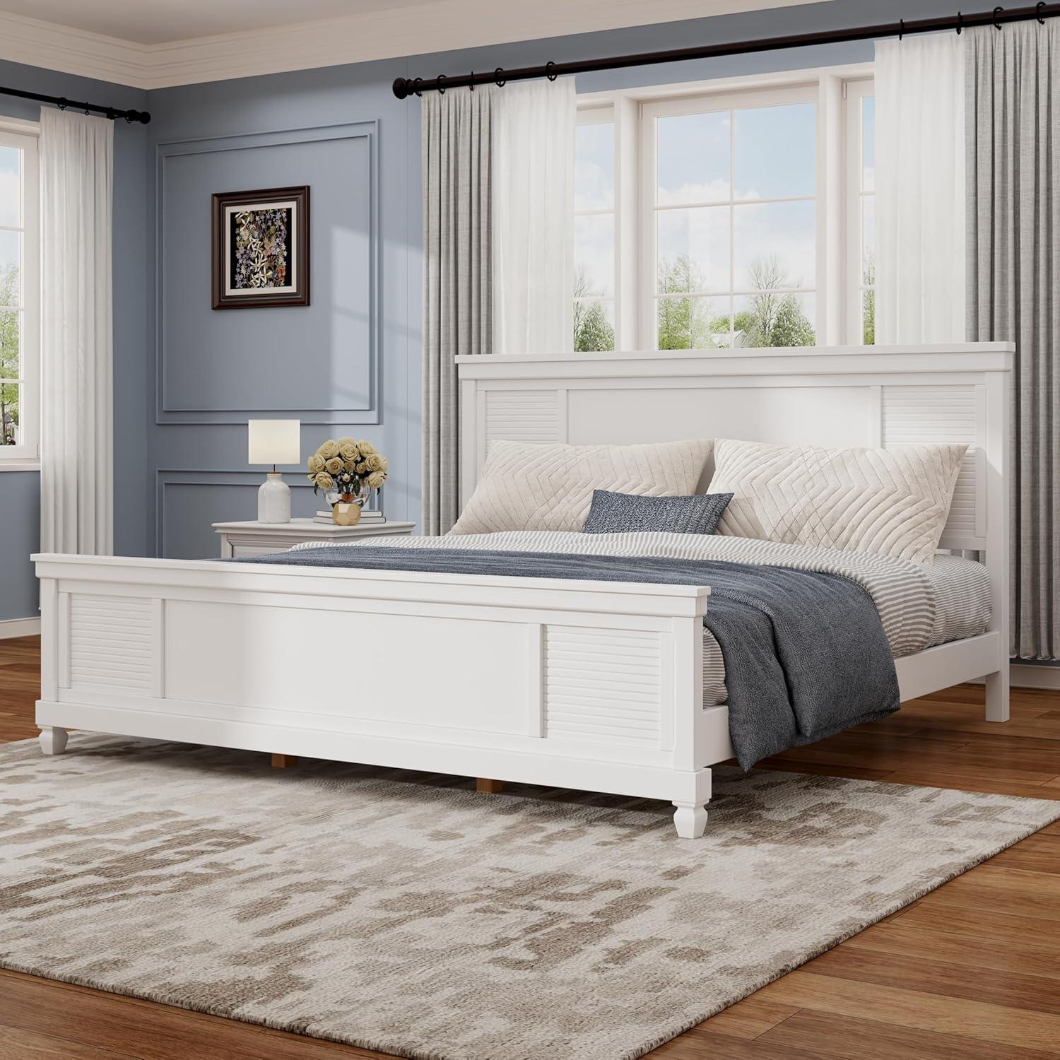 image:imageChristopher Knight Home Todie Modern Queen Size Bed Frame with Headboard Wooden Queen Size Platform Bed Frame Farmhouse Queen Size Bed Set No Box Spring Needed Easy Assembly WhiteKing US Standard