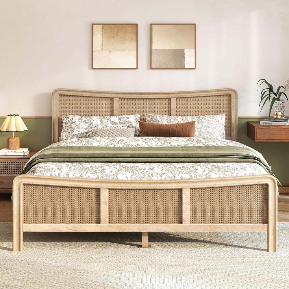image:imageChristopher Knight Home Freda Boho Wooden Queen Bed Frame with Headboard Rectangular Queen Size Bed Frame with Natural Rattan Adjustable Headboard Platform Bed Frame No Box Spring Needed Brown