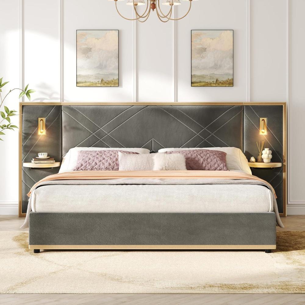 image:imageChristopher Knight Home Harley Upholstered King Size Bed Frame with LED Lights and Side Panels Velvet Bed Frame King Size with Headboard Wooden Slats Easy Assembly No Box Spring Needed BeigeGrey