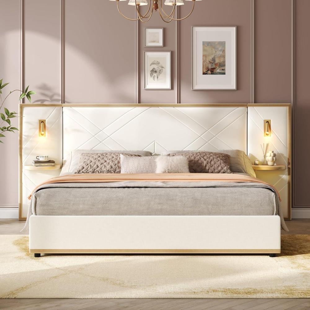 image:imageChristopher Knight Home Harley Upholstered King Size Bed Frame with LED Lights and Side Panels Velvet Bed Frame King Size with Headboard Wooden Slats Easy Assembly No Box Spring Needed BeigeBeige