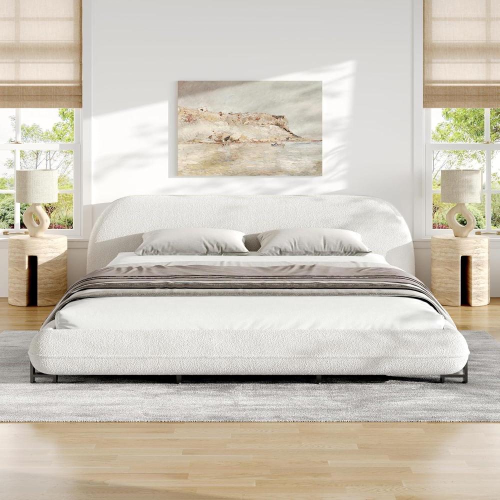 image:imageChristopher Knight Home Hazel Boucle King Size Bed Frame and Headboard Upholstered King Size Bed Round Curve Headboard Solid Wood and Steel Support No Box Spring Needed Easy Assembly WhiteKing
