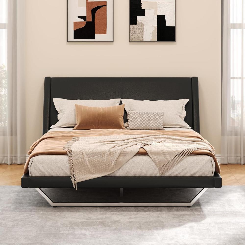 image:imageChristopher Knight Home Hudley Faux Leather Queen Size Bed Frame with Headboard PU Queen Size Platform Bed Frame with Metal Leg NoiseFree Wooden Slat Support No Box Spring Needed WhiteBlack