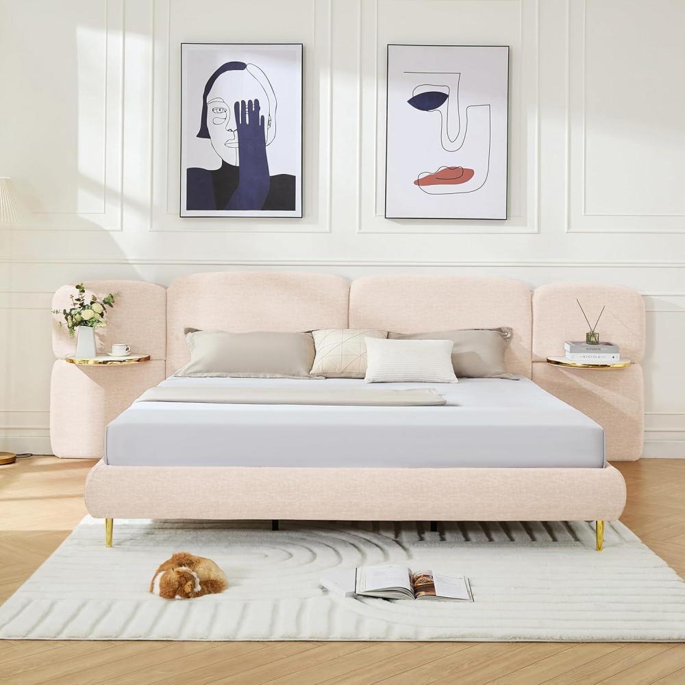 image:imageChristopher Knight Home Joplin Modern King Size Platform Bed Frame with Fabric Upholstered Headboard Wooden King Size Bed Frame with Side Shelves No Box Spring Needed Easy Assembly OrangeBeige