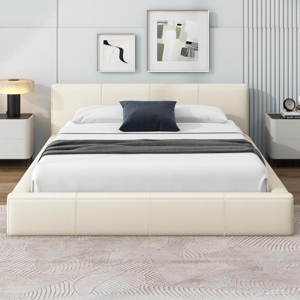 image:imageChristopher Knight Home Nahat Full Size Upholstered Platform Bed Faux Leather Bed Frame and Headboard Wood Bed Support and Slat Stylish Fully Mattress Foundation No Box Spring Needed Beige
