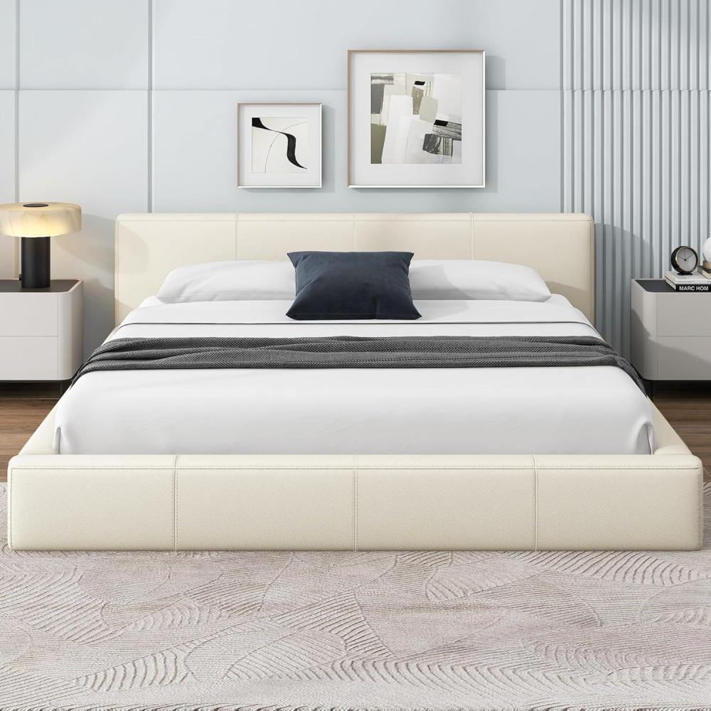 image:imageChristopher Knight Home Nahat Queen Size Upholstered Platform Bed Faux Leather Bed Frame and Headboard Wood Bed Support and Slat Stylish Fully Mattress Foundation No Box Spring Needed BeigeBeige