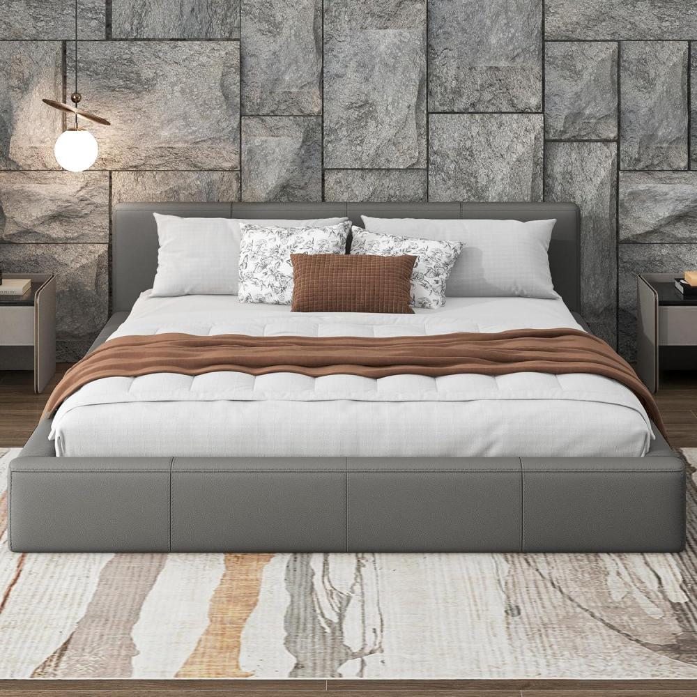 image:imageChristopher Knight Home Nahat Queen Size Upholstered Platform Bed Faux Leather Bed Frame and Headboard Wood Bed Support and Slat Stylish Fully Mattress Foundation No Box Spring Needed BeigeGrey