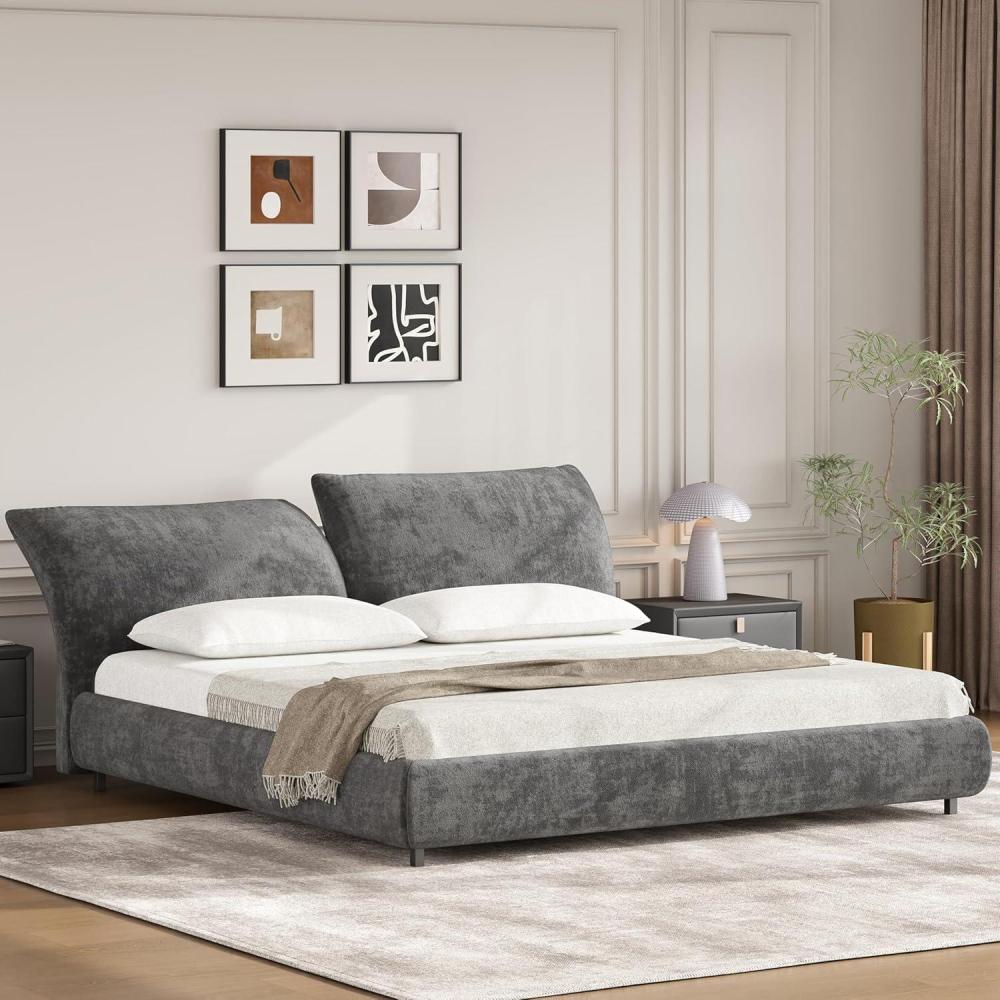 image:imageChristopher Knight Home Olimo Upholstered King Bed Soft Fabric King Headboard and Bed Frame Two Large Adjustable Pillows Slats Panel Support No Spring Box Needed Easy Assembly 800lbs BeigeGrey