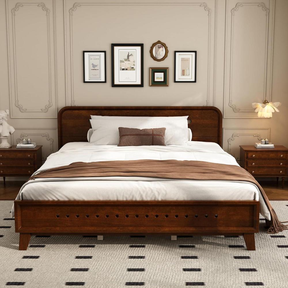 image:imageChristopher Knight Home Skyles King Size Bed King Size Platform Bed Pind Wood Headboard and Footboard Wooden Headboard No Box Spring Needed Slats Panel Support Rustic Openwork Design NaturalWalnut
