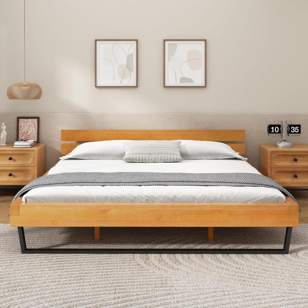 image:imageChristopher Knight Home Skyles Wood Queen Size Bed Slat Panel Queen Size Headboard Pine Wood Platform Bed Open Back Headboard Iron Legs No Box Spring Needed Easy Assembly 650lbs NaturalBlackKing