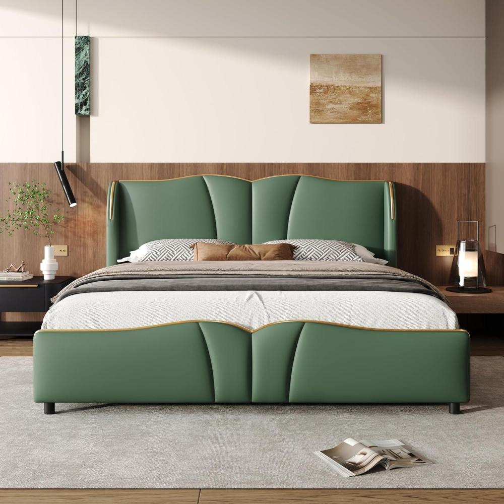 image:imageChristopher Knight Home Svanta King Size Upholstered Bed Frame Modern Faux Leather Bed Frame with Wingback Headboard Upholstered Platform Bed with Wavy Footboard No Spring Box Needed Antique BlueDark Green