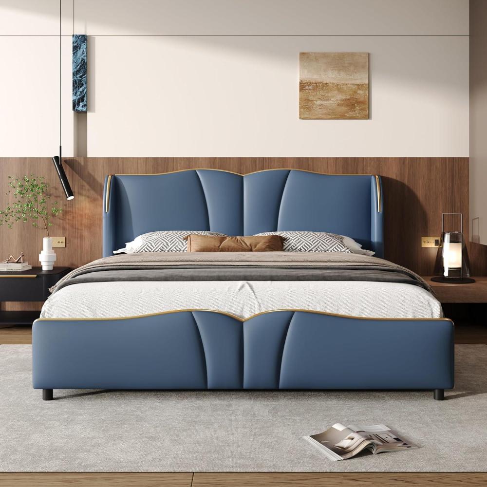 image:imageChristopher Knight Home Svanta King Size Upholstered Bed Frame Modern Faux Leather Bed Frame with Wingback Headboard Upholstered Platform Bed with Wavy Footboard No Spring Box Needed Antique BlueAntique Blue