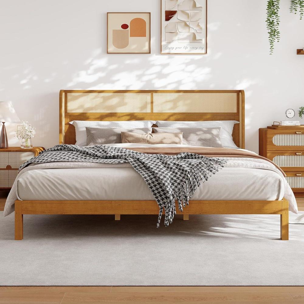 image:imageChristopher Knight Home Tamken Mid Century Modern Queen Bed Frame with Headboard Rubber Wood Platform Bed Frame Solid and Stable Bedframe Slats Panel Support No Box Spring Needed NaturalKing Size